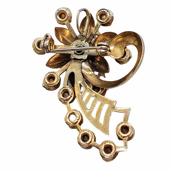 Vintage Gold Tone Floral Brooch Red Clear Stones Fleur-de-lis Statement No Mark - Picture 2 of 7